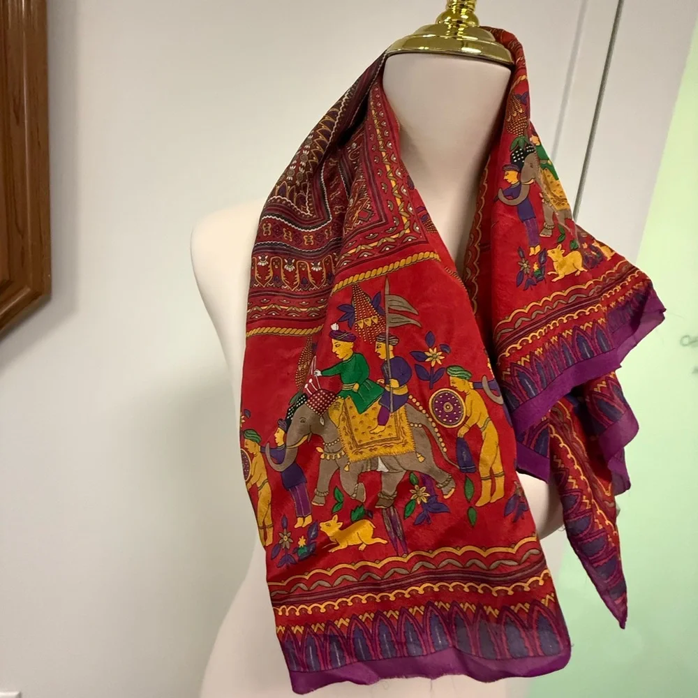 VTG Oscar De La Renta Vibrant Red Tapestry with Elephant Motif - Picture 8 of 13